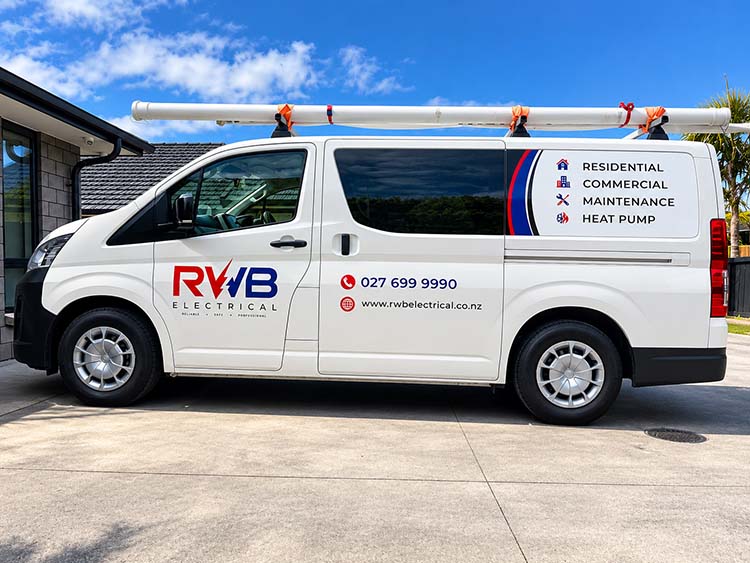 The RWB Electrical van parked outside a Tauranga home