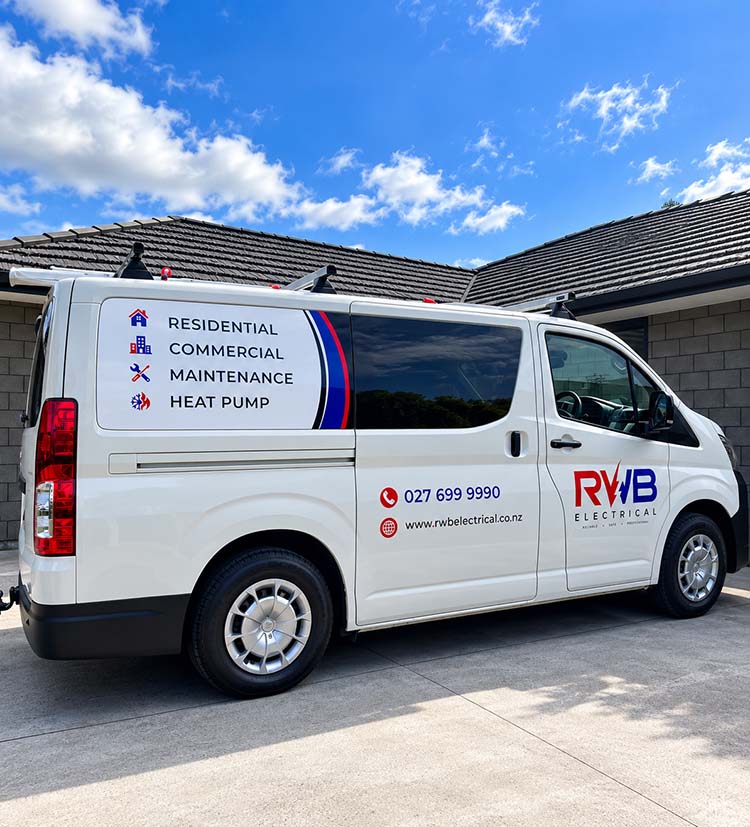 The RWB Electrical van showing the services list on its side